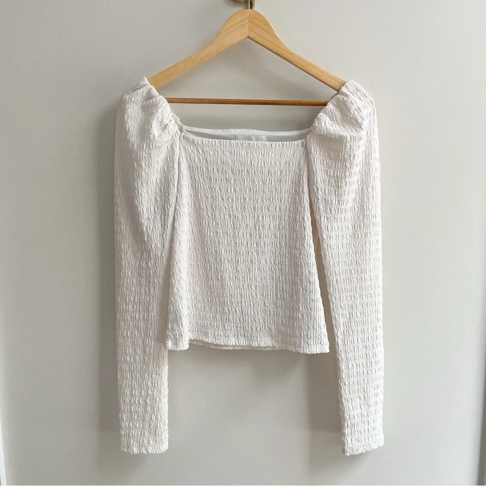 H&M White Smocked Puff Sleeve Or Off The Shoulder Long Sleeve Top XS